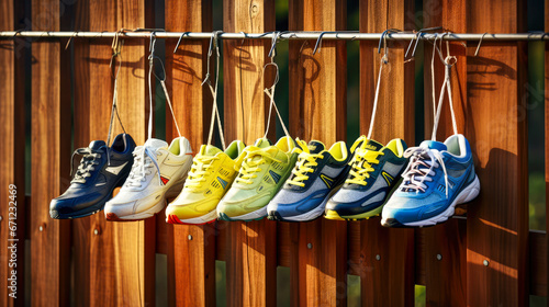 Colorful sport shoes hang on a rope on a wooden wall.