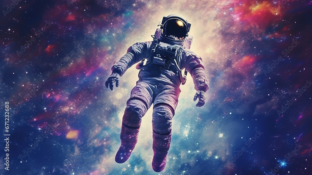 An astronaut in outer space against the backdrop of a picturesque Universe