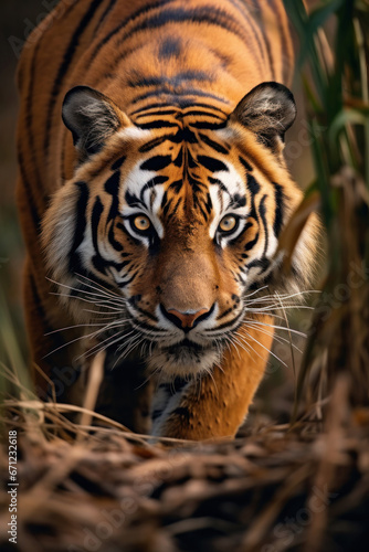 A tiger stalking its prey  focus on the eyes and posture. Vertical photo