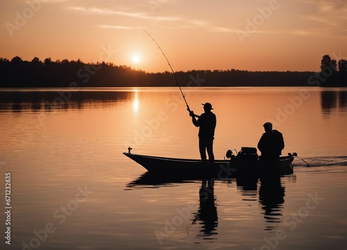 man fishing from a boat with a fishing rod  calm lake  sunset  silhouette  