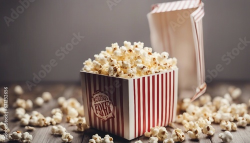 Spilled popcorn and paper bucket in red strip box, isolated background
