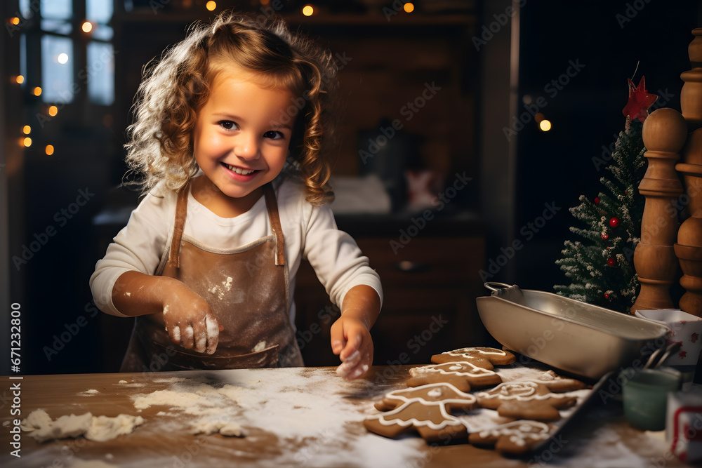 Toddler Child baking gingerbread men at home, joy and excitement, happy face with smile