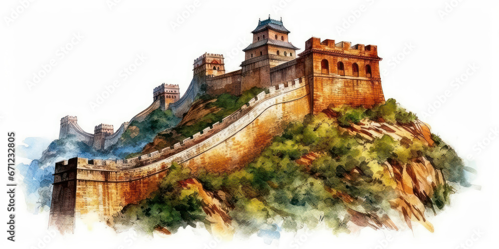 Watercolor drawing of the great wall of china. Generative AI.