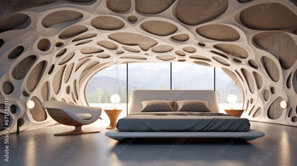 Parametric bedroom design, bed headboard continue with the ceiling