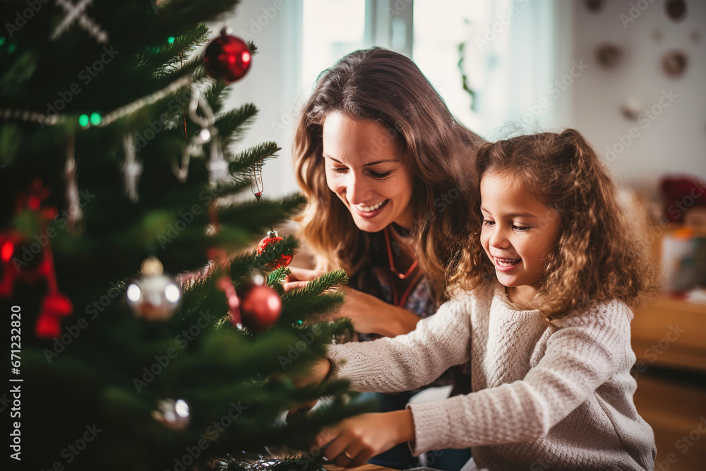 A mother and daughter decorate a Christmas tree. Celebrating Christmas and the New Year A mother and daughter decorate a Christmas tree. Celebrating Christmas and the New Year