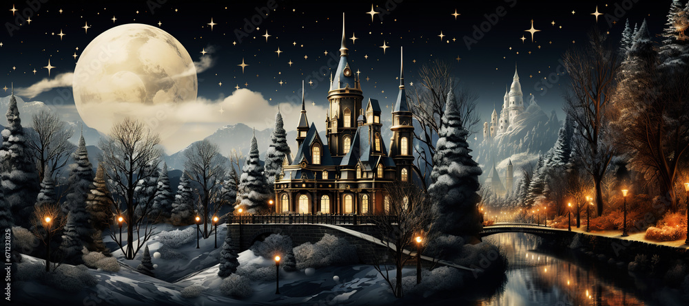 Obraz premium Fantastic landscape with a fairy-tale castle in winter at night against the background of mountains by the light of the moon, Christmas landscape, panorama