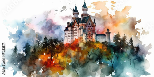 Watercolor drawing of the Neuschwanstein fortress. Generative AI. photo