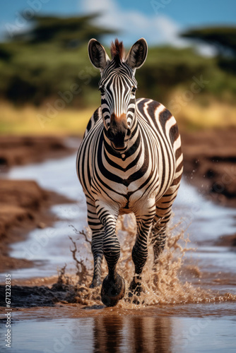 A zebra crossing a river, action vertical shot