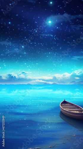 Beautiful Beach with boat sailing in sea and glowing stars in the sky