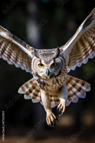 An owl in flight, focus on the wing span, high-speed vertical photography