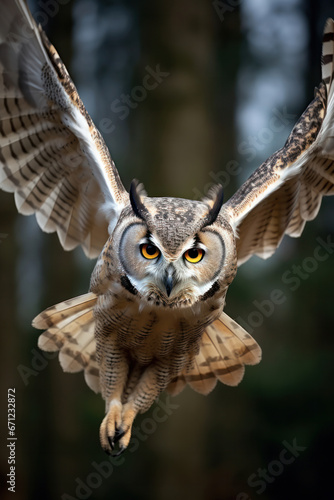 An owl in flight, focus on the wing span, high-speed vertical photography