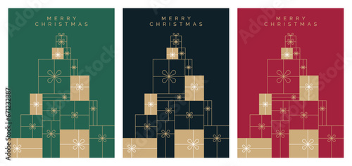 Set of Christmas Card Designs. Christmas Card Vector Template with Stack of Presents Illustration. Festive Greeting Card Design with Stack of Christmas Gifts and 'Merry Christmas' Text. 