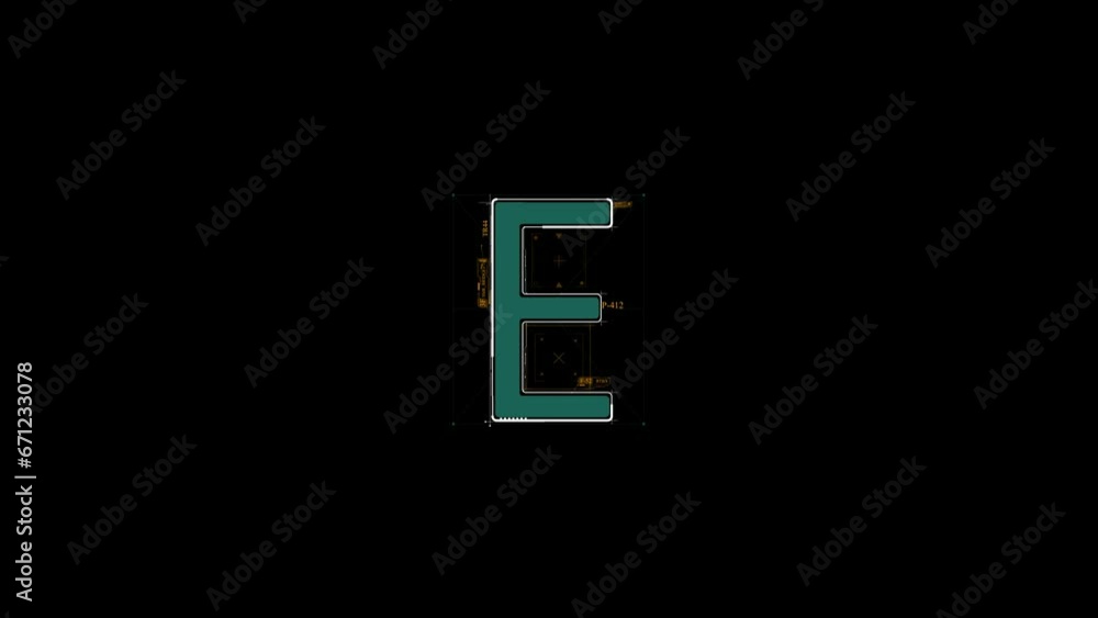 Letter E - Technological Cyber HUD Alphabet with Green Highlights, Isolated on Black Background Letter E - Technological Cyber HUD Alphabet with Green Highlights, Isolated on Black Background