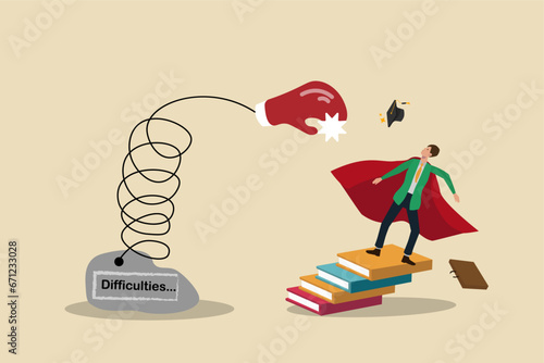 Work challenges, career or life path, unexpected event, business failure or stock market bad news surprise ,superman business man who is suddenly knocked out by a punch of a boxing glove.