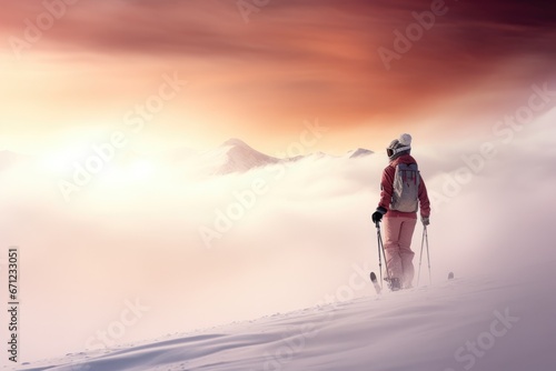 Passion for skiing against the backdrop of beautiful snowy mountains