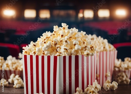 Spilled popcorn and paper bucket in red strip box, isolated background 