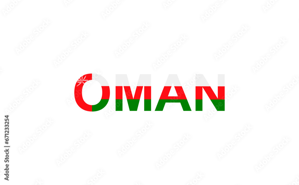 Letters Oman in the style of the country flag. Oman word in national flag style.