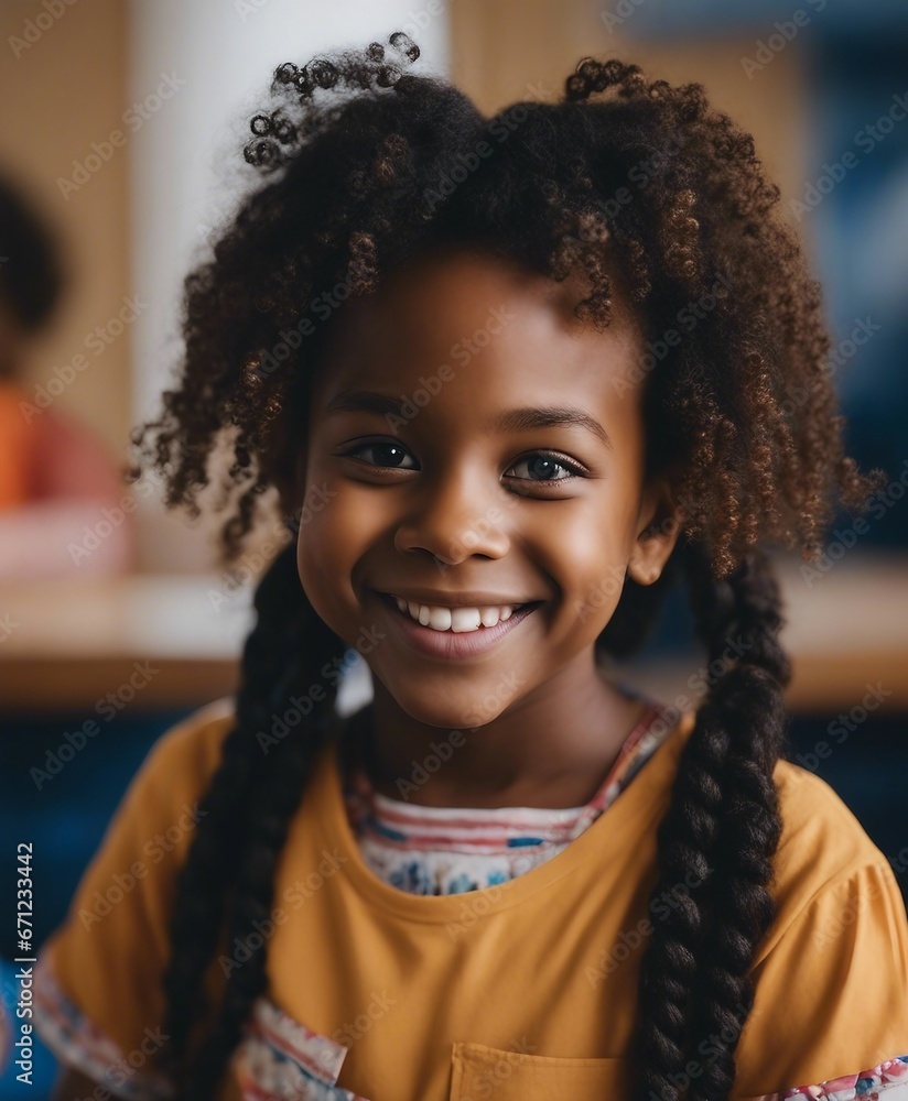 portrait of a black girl with a sincere American smile in kindergarten
portrait of a black girl with a sincere American smile in kindergarten