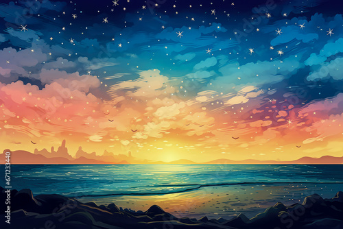Illustration of a seascape at sunset with stars and clouds