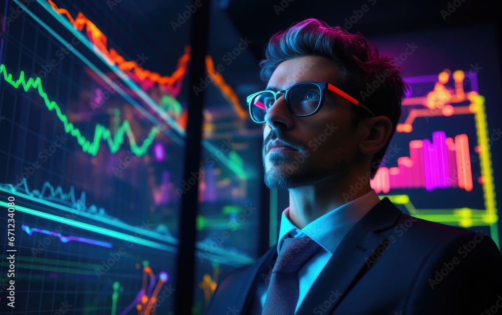 A professional trader with a confident posture standing in a futuristic classroom, interactive digital blackboard displaying complex stock charts A professional trader with a confident posture standing in a futuristic classroom, interactive digital blackboard displaying complex stock charts
