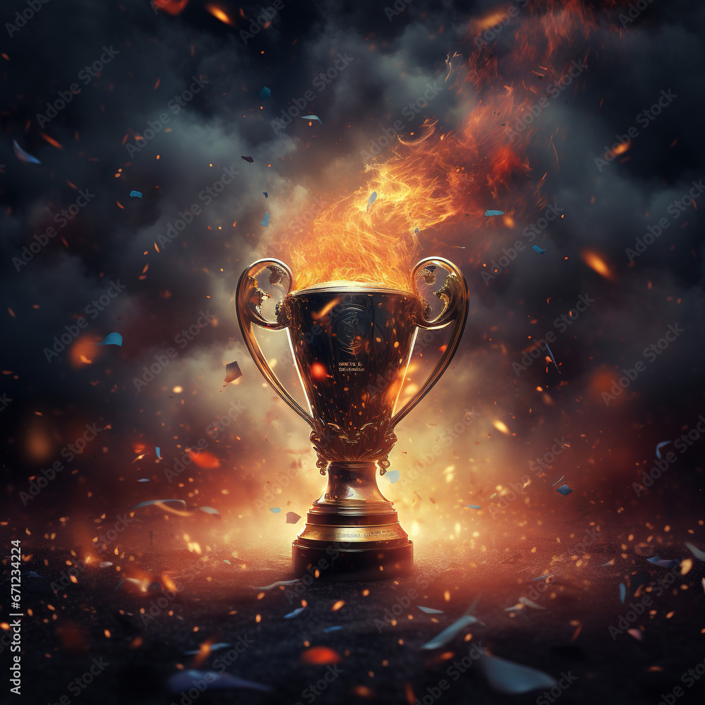 Trophy cup winner succes with fire background celebration Sales succes. 
