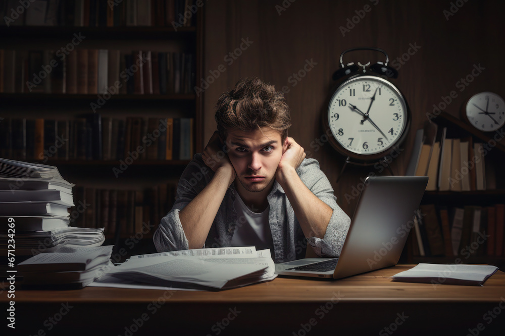 young man is sad at the table with documents. guy has problems with taxes. bankruptcy. young man is sad at the table with documents. guy has problems with taxes. bankruptcy.