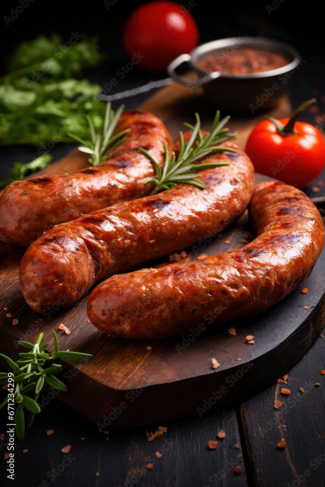 Fried sausage. delicious dish of German cuisine. grilled meat delicacy made from pork or beef. food on a dark background Fried sausage. delicious dish of German cuisine. grilled meat delicacy made from pork or beef. food on a dark background