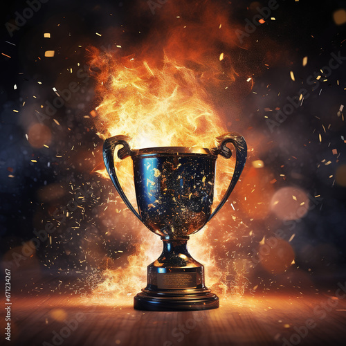 Trophy cup winner succes with fire background celebration Sales succes. 