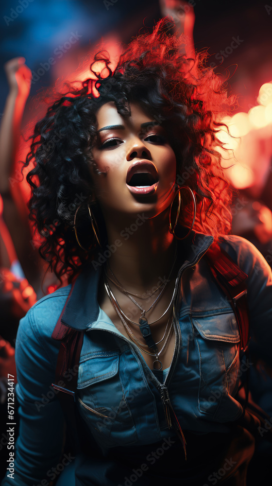 Beautiful African American Woman with Curly Hair and Glasses Dances Cheerfully in a Nightclub under Neon Lighting. Beautiful African American Woman with Curly Hair and Glasses Dances Cheerfully in a Nightclub under Neon Lighting.