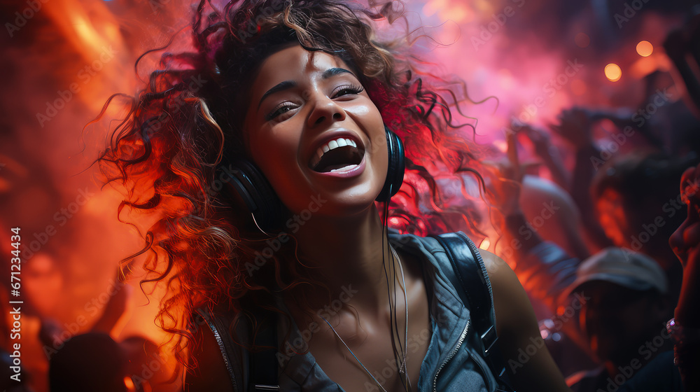Beautiful Fashionable Woman with Curly Hair and Headphones Dances Cheerfully in a Nightclub under Neon Lighting. Beautiful Fashionable Woman with Curly Hair and Headphones Dances Cheerfully in a Nightclub under Neon Lighting.