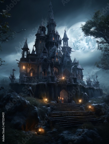 Fairytale haunted house on hill on night with full moon. AI © Vitalii But