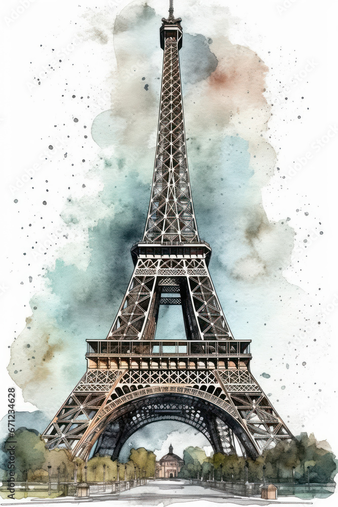 Watercolor drawing of the Eiffel Tower. Generative AI.