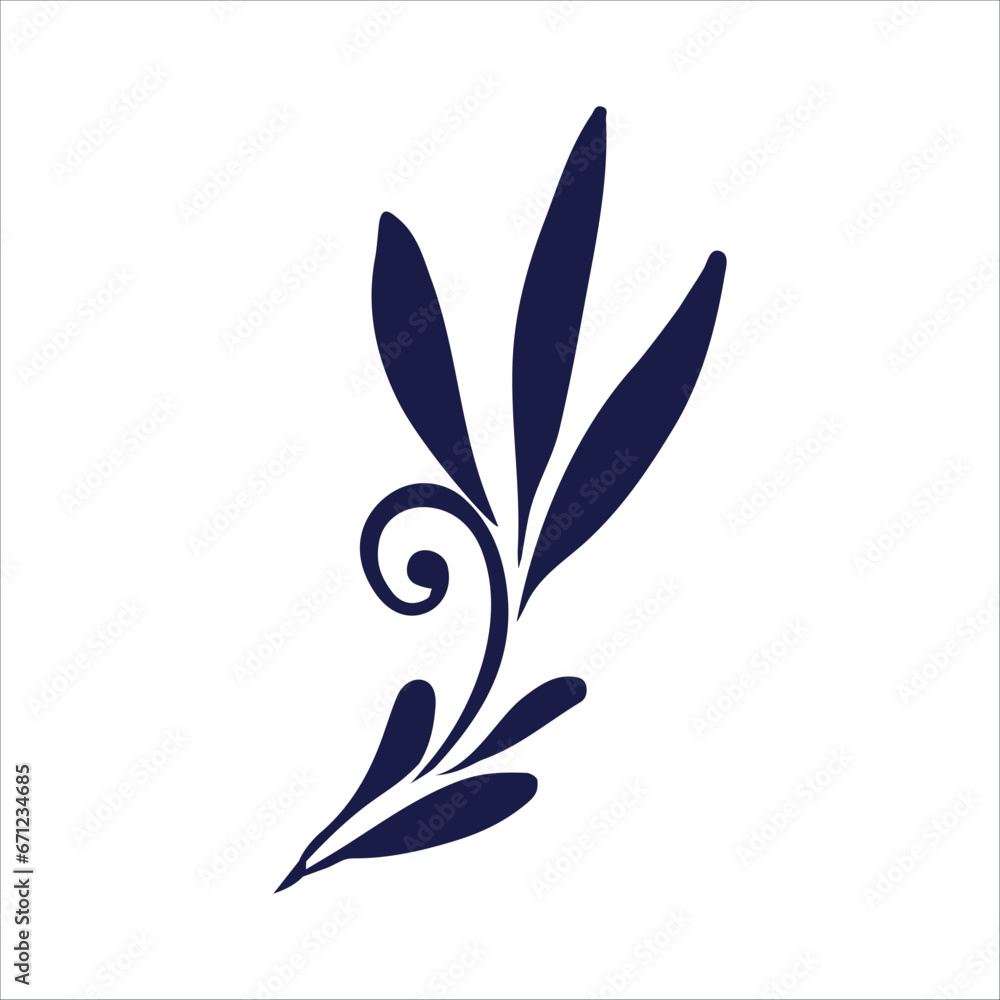 A flower or ornamental plant. Botanical print of leaves, flowers and curls. A simple natural pattern. Vector illustration on a white background.