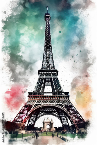 Watercolor drawing of the Eiffel Tower. Generative AI. © Agustin