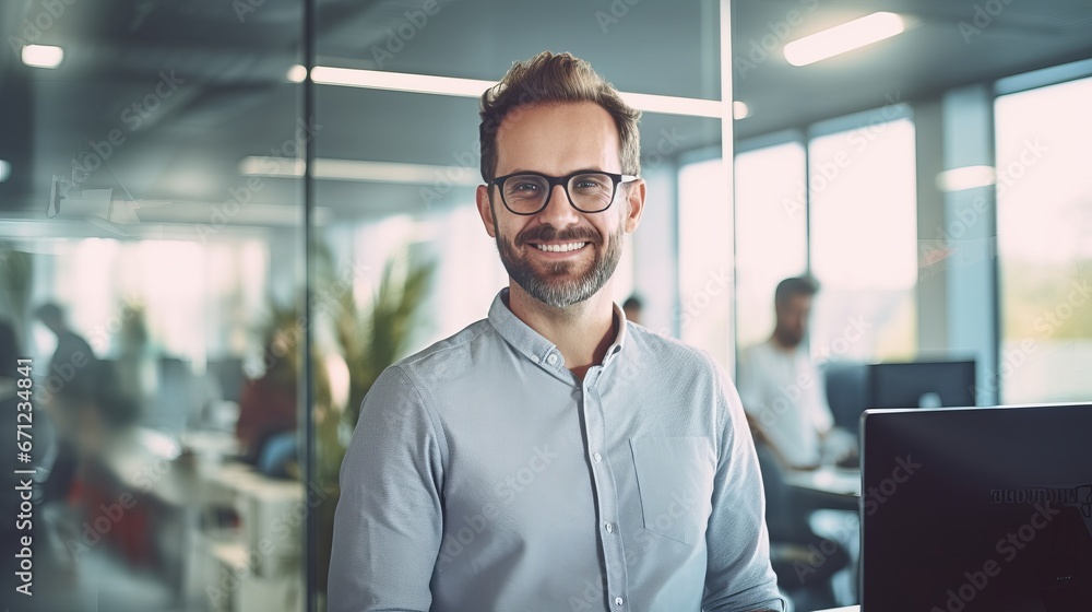 Obraz premium Software developer portrait near computer at modern office