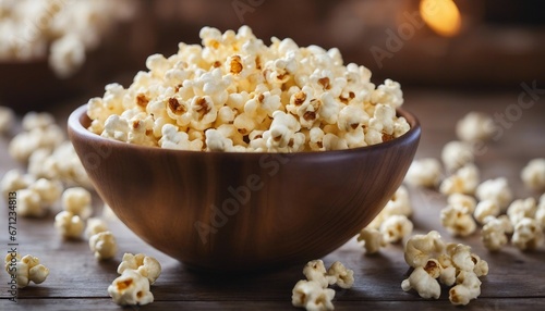 A wooden bowl of salted popcorn at the old wooden table