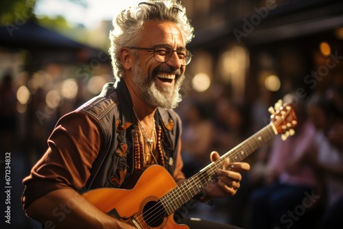 Smiling man with glasses playing guitar in the street