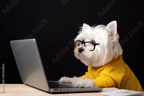 West Highland white terrier dog in yellow sweatshirt working at laptop on black background