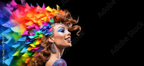 Drag queen person wearing heavy extravagant makeup. Proud expression  rainbow coloured decorations in hair. Wide banner with copy space on side. Generative AI