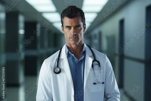 Handsome caucasian doctor standing on a modern hospital corridor with a stethoscope on his shoulder