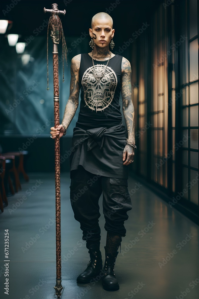 Obraz premium Full body tattooed muscular female monk with facial piercings, holding a bo staff. generative AI