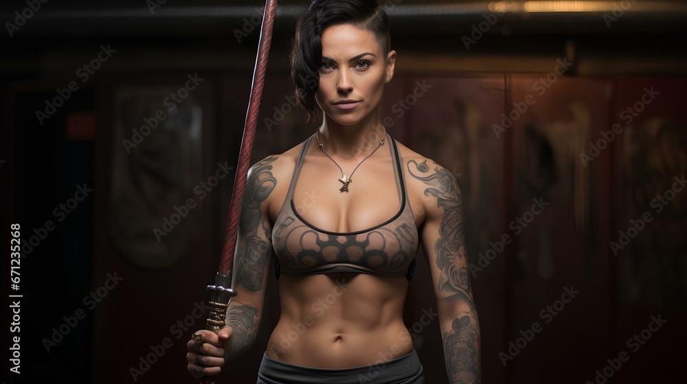 Full body tattooed muscular female monk with facial piercings, holding a bo staff. generative AI Full body tattooed muscular female monk with facial piercings, holding a bo staff. generative AI