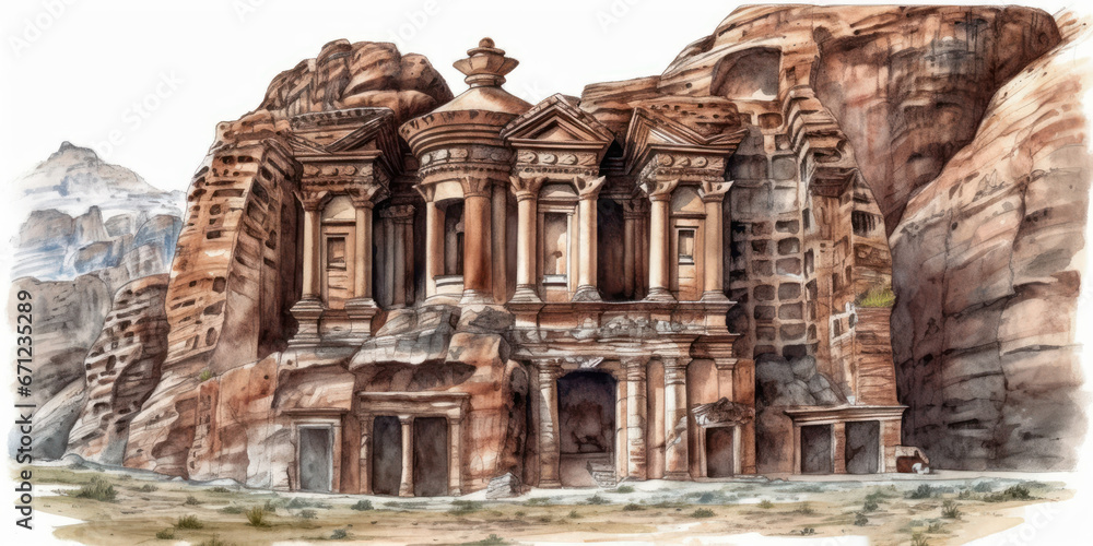 Watercolor drawing of the City of Petra. Generative AI. Watercolor drawing of the City of Petra. Generative AI.