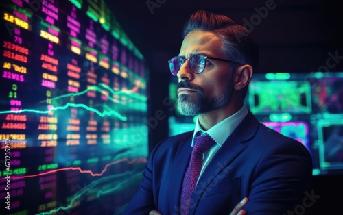 A professional trader with a confident posture standing in a futuristic classroom, interactive digital blackboard displaying complex stock charts