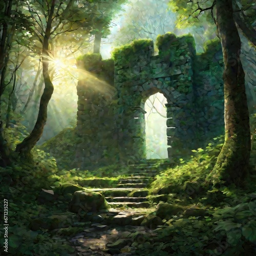 Ethereal Remnants  Enchanted Fortress Amidst the Forest