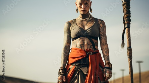 Full body tattooed muscular female monk with facial piercings, holding a bo staff. generative AI