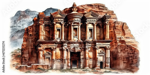 Watercolor drawing of the City of Petra. Generative AI. photo