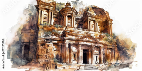 Watercolor drawing of the City of Petra. Generative AI.