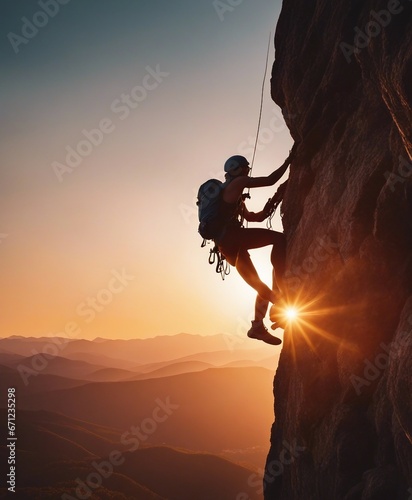 silhouette of a climber climbing a cliffy rocky mountain against the sun at sunset