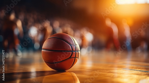 A basketball lies on the floor of a sports hall. © Irina